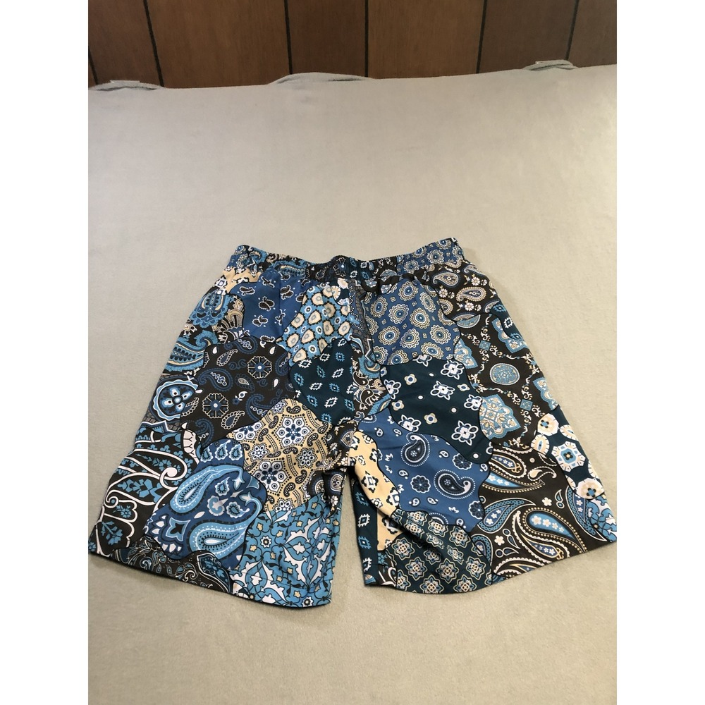 SHEIN Mens Patchwork Paisley Shorts Blue Black‎ Drawstring Elastic Waist Size M